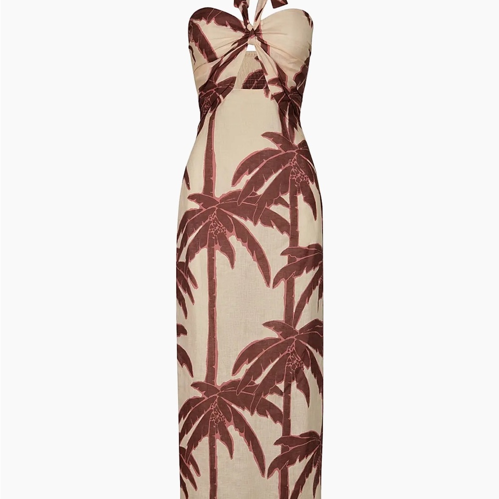 Johanna Ortiz Tropical Print Midi Dress in Cream and Brown
